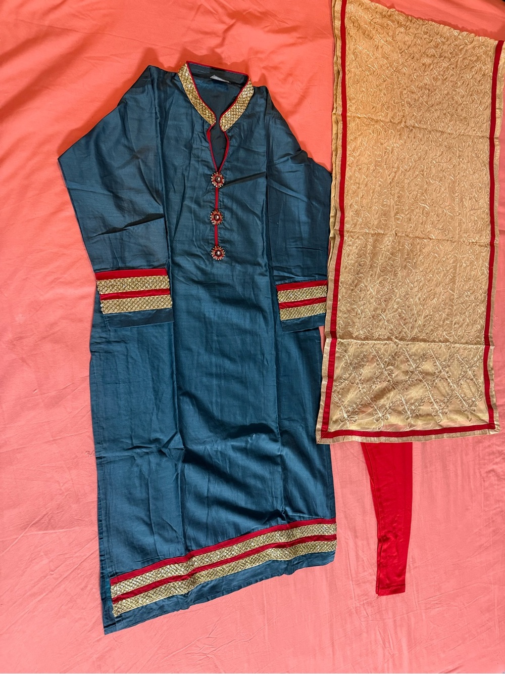 Lux Teal Kurta Set with Gold Dupatta and Red Leggings